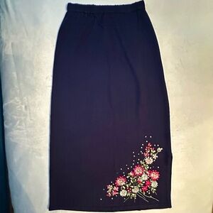 Vintage Carol Patterson Knit Blue Maxi Skirt S Embroidered Floral Navy Linen NWT